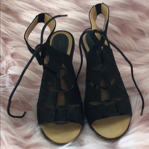 Worn once!! Black lace up wedges. Size 10